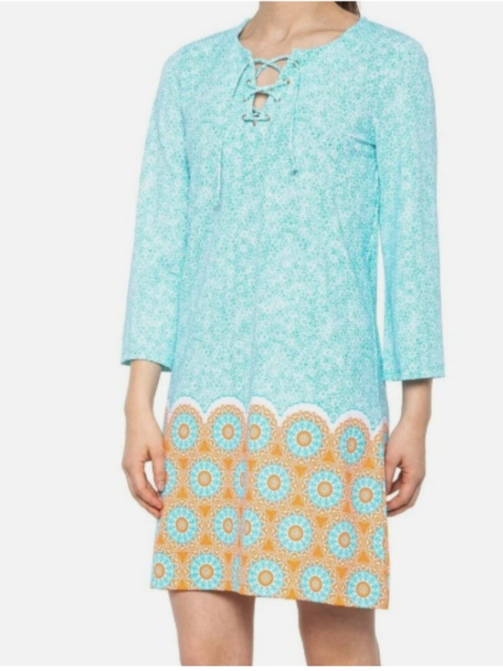 Cabana Life Aqua Blue Citrus Lace-Up V-Neck UPF Dress Medium Beach Coverup